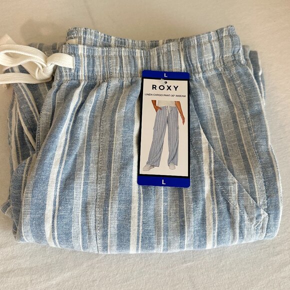 Roxy Women's Linen Blend Cargo Pant Size L Blue Coastal Boho Lightweight (NEW) - Picture 15 of 16